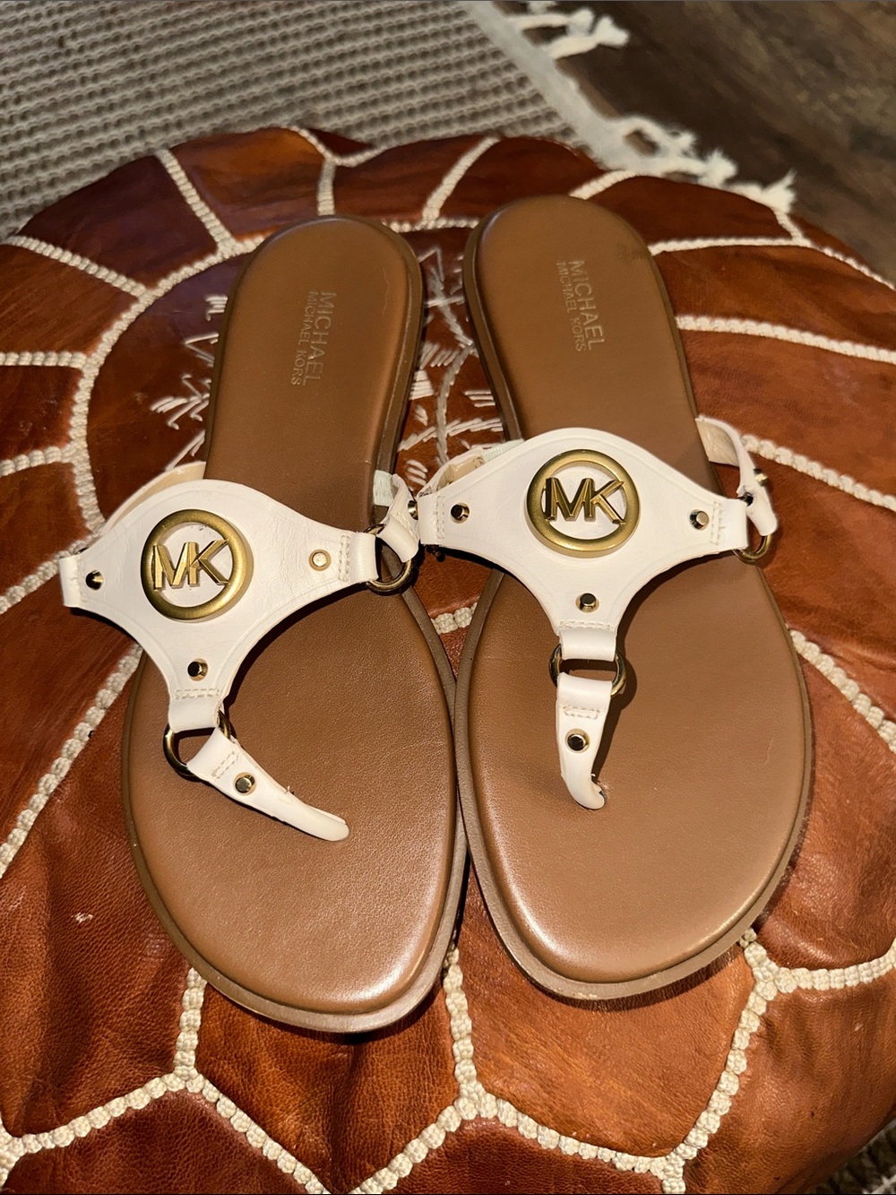 Michael Kors Conway White Leather T-strap Sandals with Gold MK Medallion